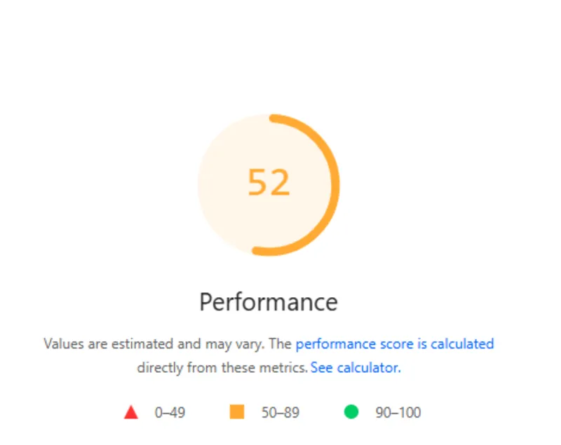 Google PageSpeed Insights showing a WordPress site scoring 52 out of 100 on performance