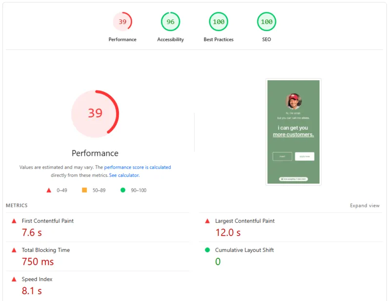 PageSpeed Insights showing ohms.live on Squarespace scoring 39 on performance with 7.6 second load time