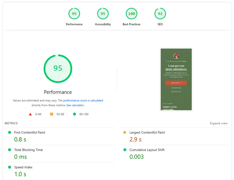 PageSpeed Insights showing ohms.marketing static site scoring 95 on performance with 0.8 second load time